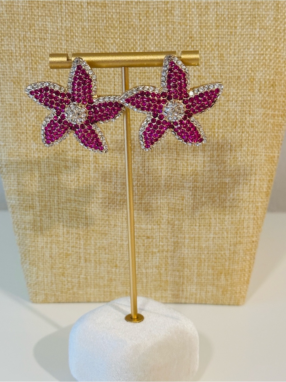 Fashion Jewelry Fuchsia Crystal Flower Starfish Stud Statement Earrings